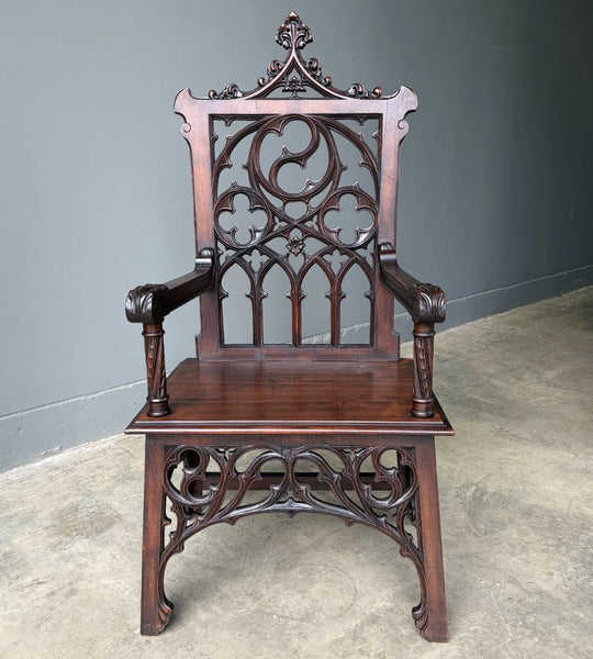French Antique Gothic Revival Walnut Arm Chair Carved Wood Desk Chair