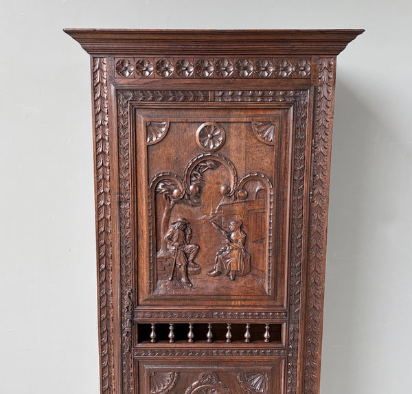 71" Tall French Antique Breton Cabinet in Solid Chestnut Wood w/Carved Figures
