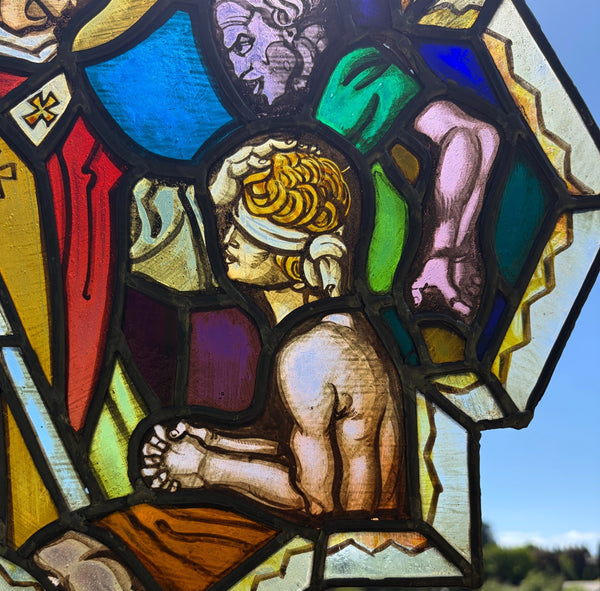 16" Tall Vintage Belgian Stained/Leaded Glass Panel of a Saint Healing the Blind