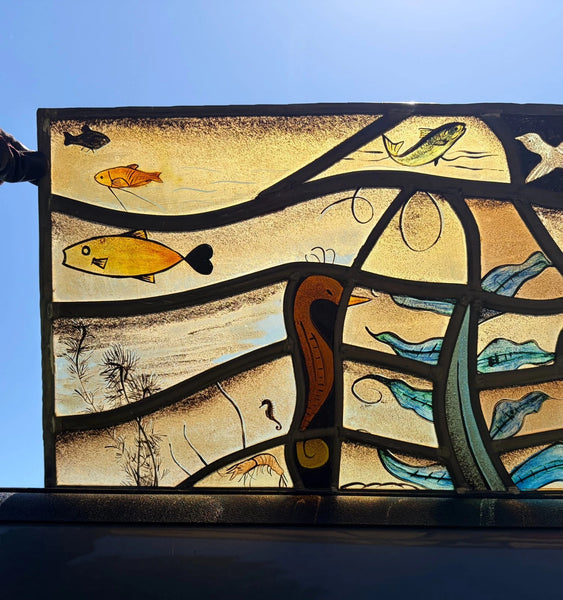Vintage Dutch Stained/Leaded Glass Panel by Lea Steppe Sea Life Themed