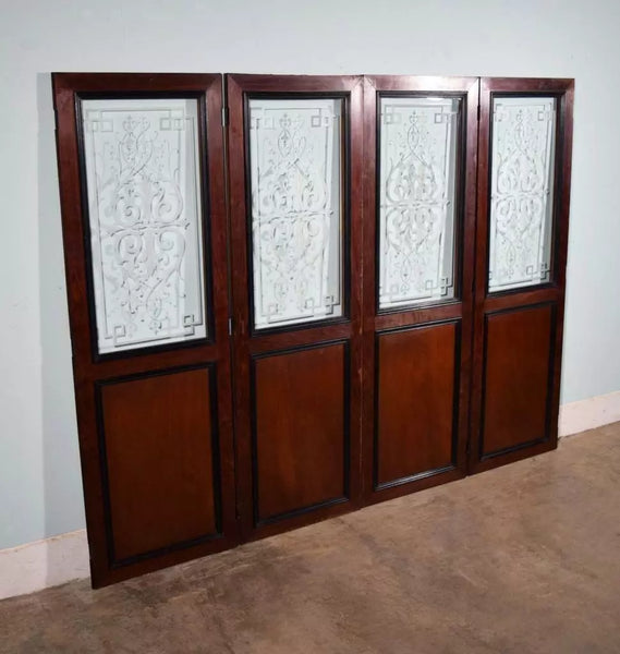 Set of 4 Antique French Etched Glass Doors Frosted Glass with Pattern