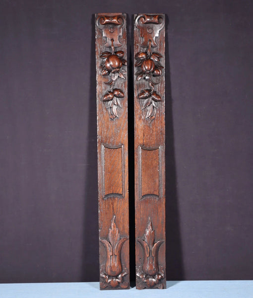 26" Tall Pair of French Antique Solid Oak Wood Highly Carved Wood Trim Posts
