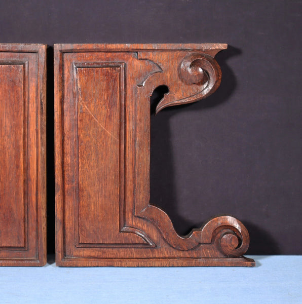 Pair of 11" Tall French Antique Carved Solid Oak Wood Brackets Trim Pieces