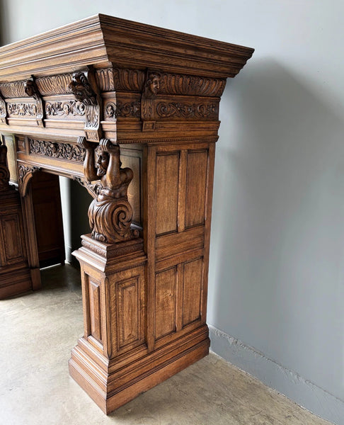 XL Vintage Renaissance Revival Oak Fireplace Surround/Mantel w/Carved Figures