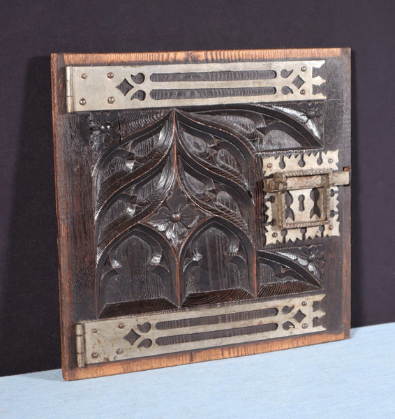 Antique French Solid Chestnut Wood Carved Gothic Door w/Faux Hinges and Latch