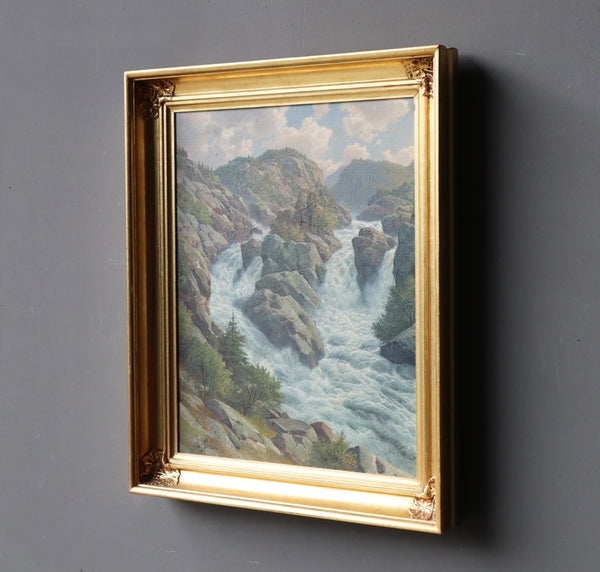 Framed Antique Oil/Canvas Painting of a Waterfall/Rapids Gilt Frame Svend Drews