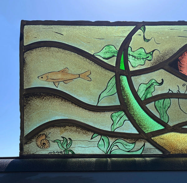 Vintage Dutch Stained/Leaded Glass Panel by Lea Steppe Sea Life Themed
