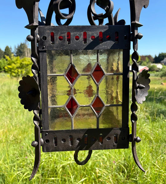 27" French Antique Gothic Iron & Stained Glass Hanging Chandelier/Pendant Lamp