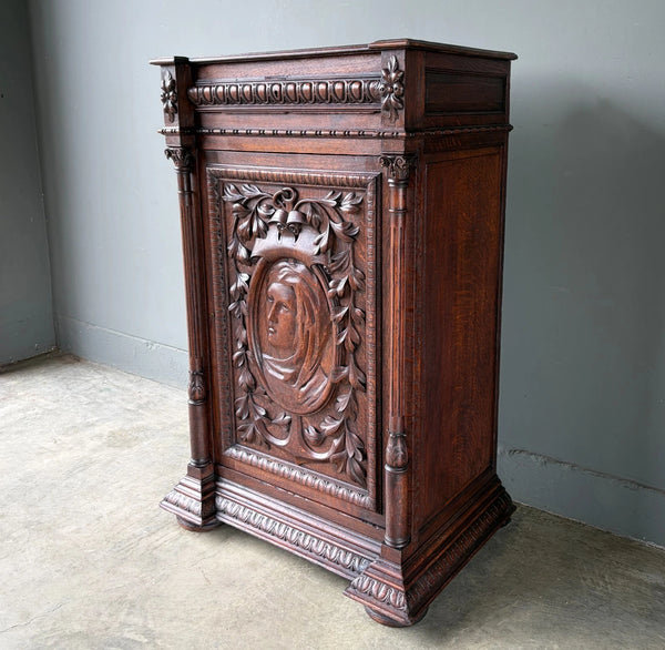 French Antique Solid Oak Wood Cabinet with Highly Carved Virgin Mary Door