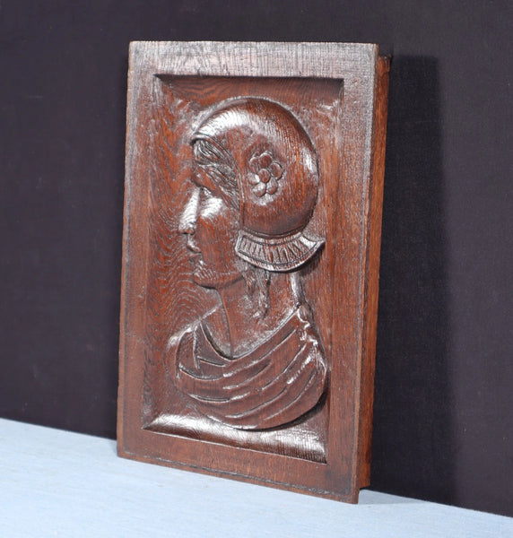 12" Tall Antique French Solid Oak Wood Hand Carved Portrait Profile of a Woman