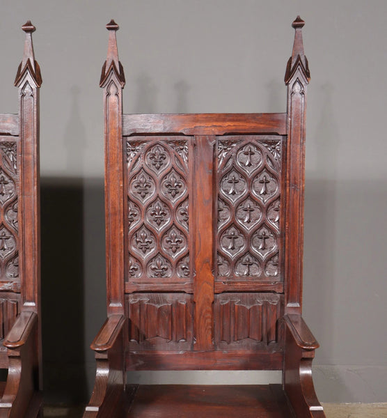 Large Pair of Antique Gothic Arm/Throne Chairs Solid Chestnut Hand Carved Wood