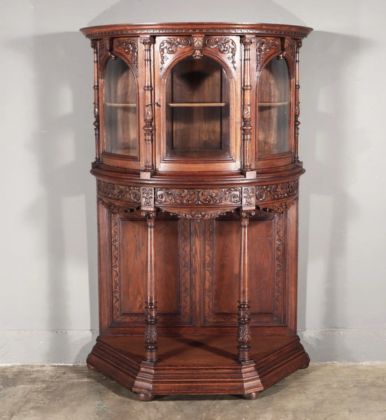65" Tall Antique French Solid Oak Wood Renaissance Curved Display Case/Cabinet