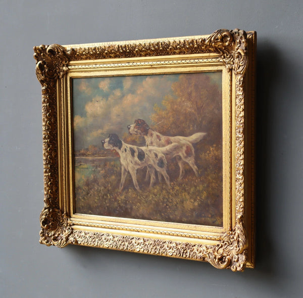 Antique Oil on Panel Painting of Two Hunting Dogs by P. Schouten (1860-1922)