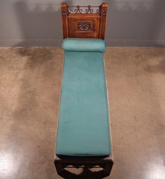 74" Long French Antique Neo Gothic Day Bed Solid Walnut with Green Silk Cushions