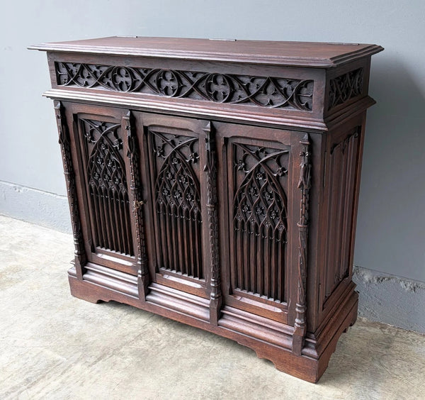 Antique French Gothic Revival Cabinet/Console/Sideboard, Highly Carved Oak