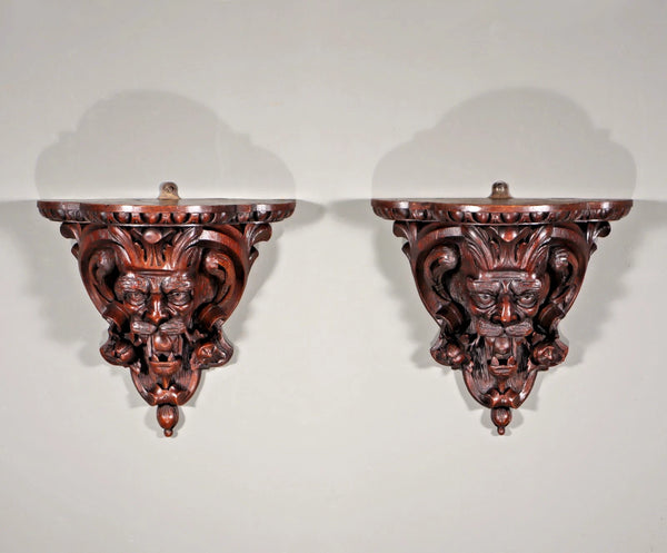 Pair of Large French Antique Lion Wall Sconces/Shelves in Solid Oak and Chestnut