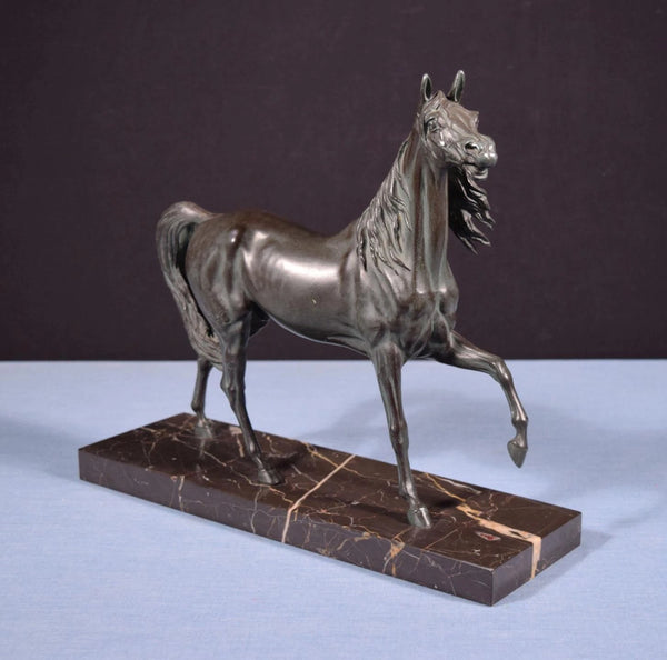 12" Tall Antique French Spelter Life Like Horse Statue with Black Marble Base