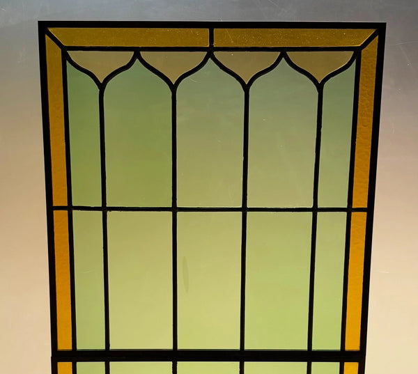 43" Tall Pair of Antique French Stained Glass Window Panels Green & Yellow Glass