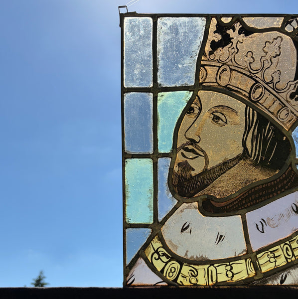 15" Tall Vintage French Stained/Leaded Glass Panel Of Charles the Great