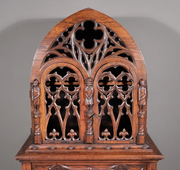 70" Tall Antique French Gothic Revival Oak Wood Cabinet/Liquor/Wine/Bar Cabinet