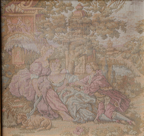 12" Antique French Framed Tapestry of a Courting Scene in Rococo Style