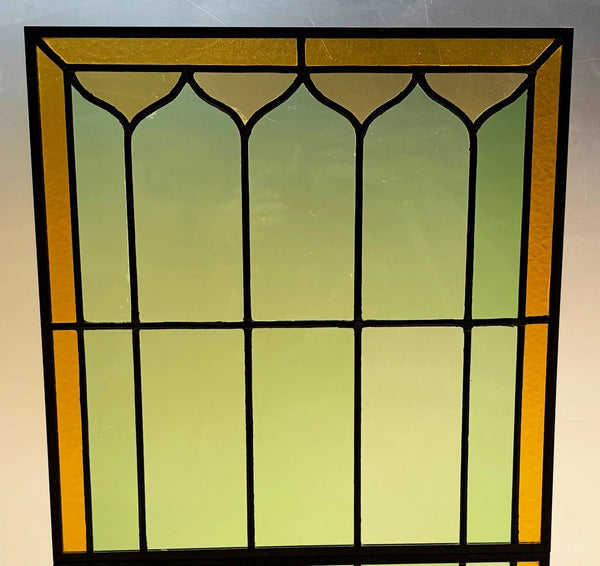 43" Tall Pair of Antique French Stained Glass Window Panels Green & Yellow Glass