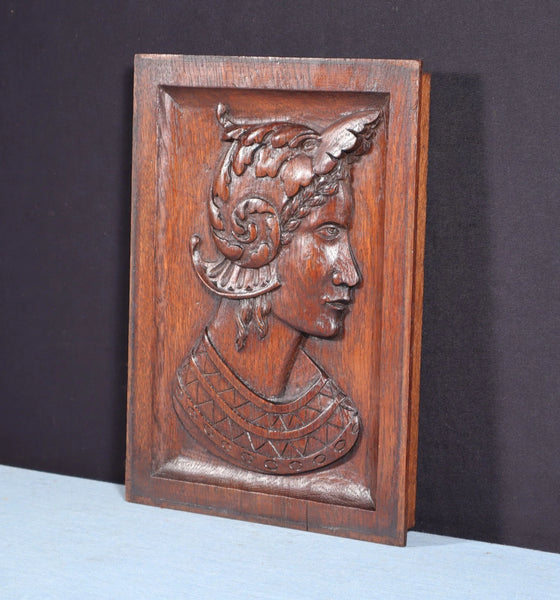 12" Tall Antique French Solid Oak Wood Hand Carved Portrait Profile of a Woman