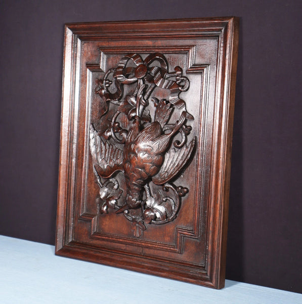 24" Tall French Antique Solid Oak Panel Highly Carved Hunting Theme with Bird