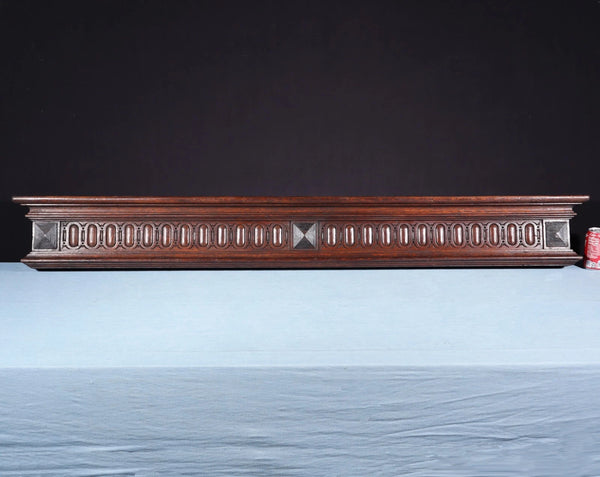 67" Wide Antique French Solid Oak Wood Mantel/Panel/Crest Pediment w/Carvings