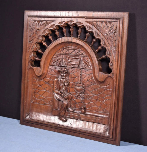 Antique French Breton Panel Brittany in Solid Chestnut Wood with a Man