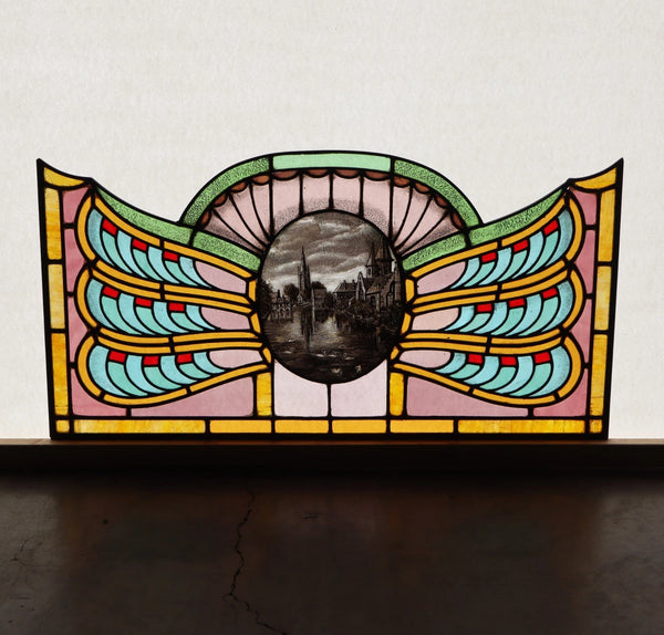 36" Wide Antique French Art Deco Stained Glass Panel of Bruges w/Copper Frame