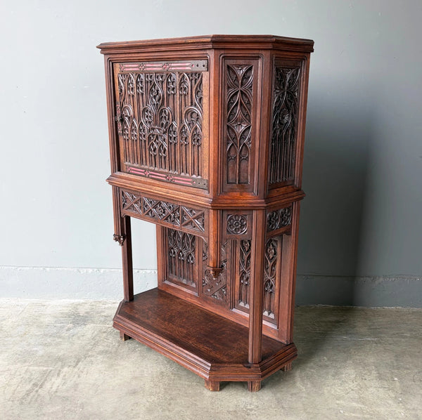 Antique French Gothic Revival Cabinet/Console/Sideboard,Highly Carved Oak Wood