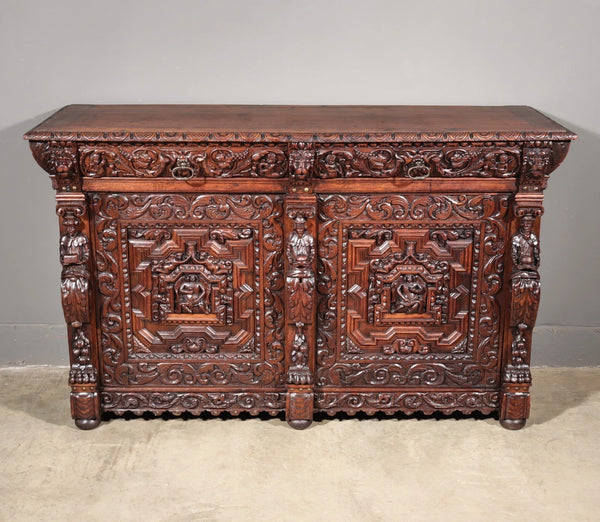 1700's Antique French Renaissance Sideboard in Solid Wood Oak Highly Carved