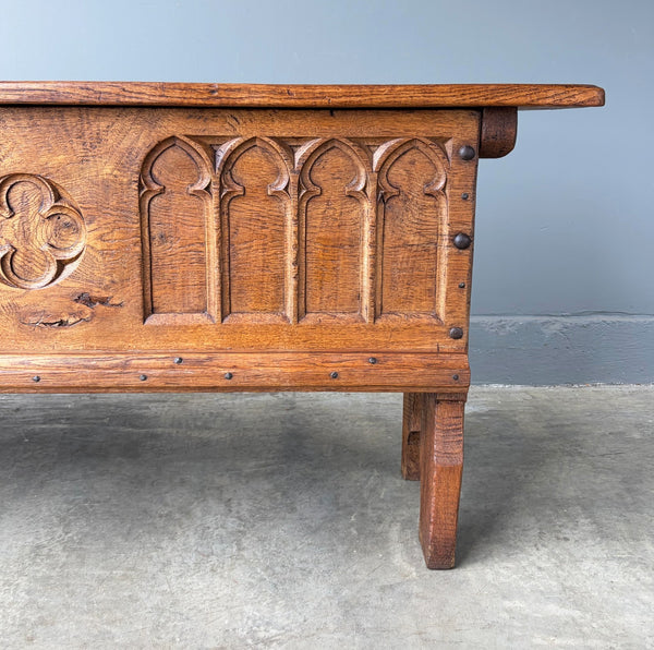 Antique French Gothic Revival Solid Oak Wood Storage Bench/Settee/Chair Rustic