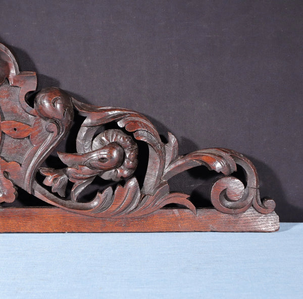 32" Wide Antique French Solid Oak Wood Highly Carved Detailed Crest