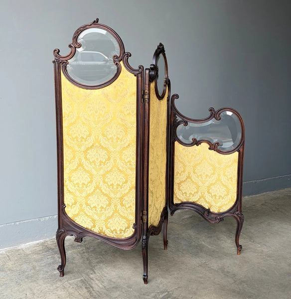 61" Tall Antique French Louis XV Rococo Tri-Fold Screen with Beveled Glass