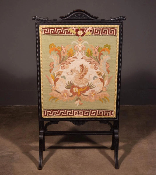French Antique Fireplace Screen with Needlepoint Griffin/Carved Walnut Frame