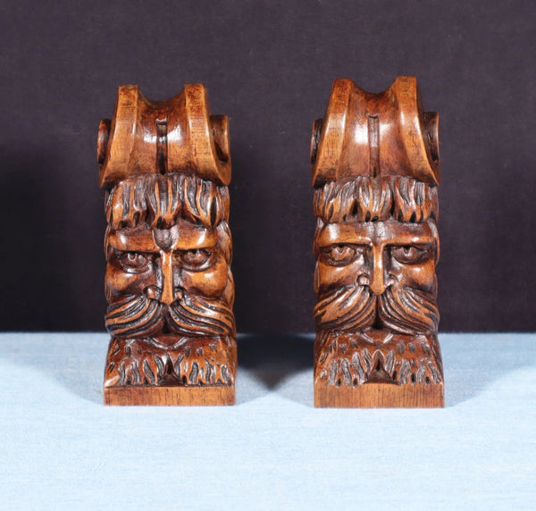 Pair of 3" Tall French Antique Highly Carved Heads in Solid Walnut Wood Trim