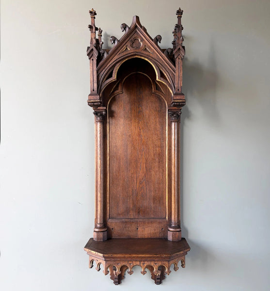57" Tall French Antique Neo Gothic Solid Oak Highly Carved Wall Niche/Shrine