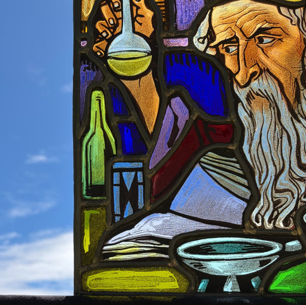 13" Tall Vintage Belgian Stained/Leaded Glass Panel Of an Alchemist by AR 1956