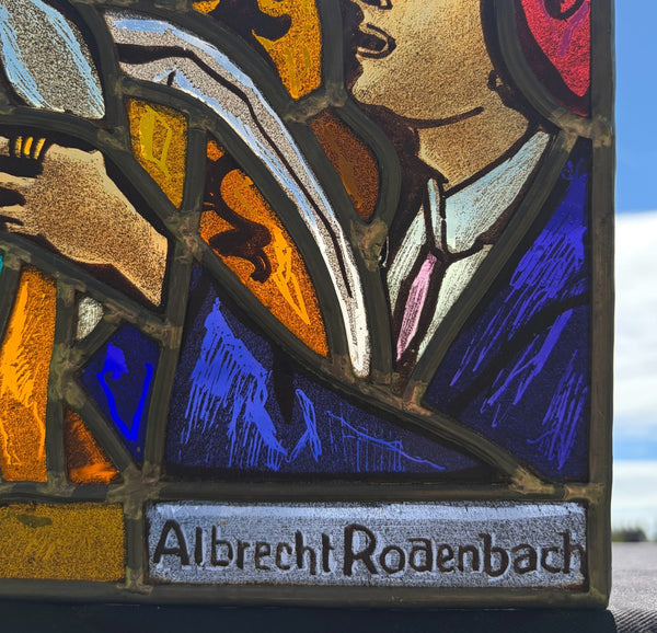 7" Tall Vintage Belgian Stained/Leaded Glass Panel Of Albrecht Rodenbach
