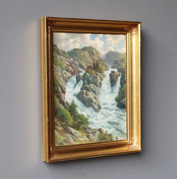 Framed Antique Oil/Canvas Painting of a Waterfall/Rapids Gilt Frame Svend Drews