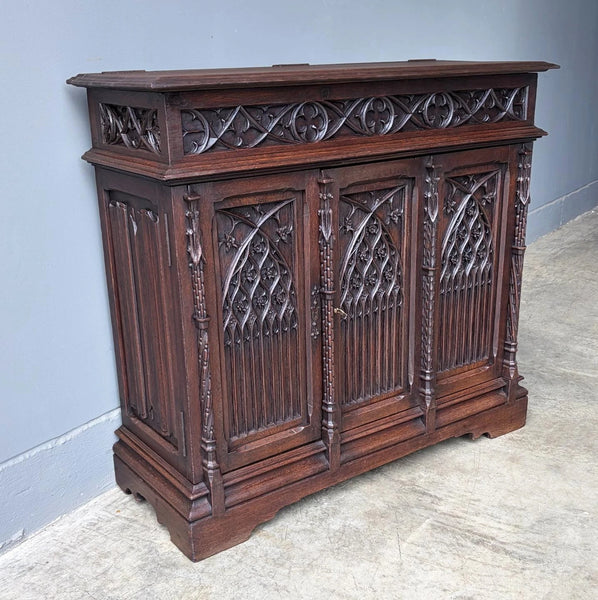 Antique French Gothic Revival Cabinet/Console/Sideboard, Highly Carved Oak