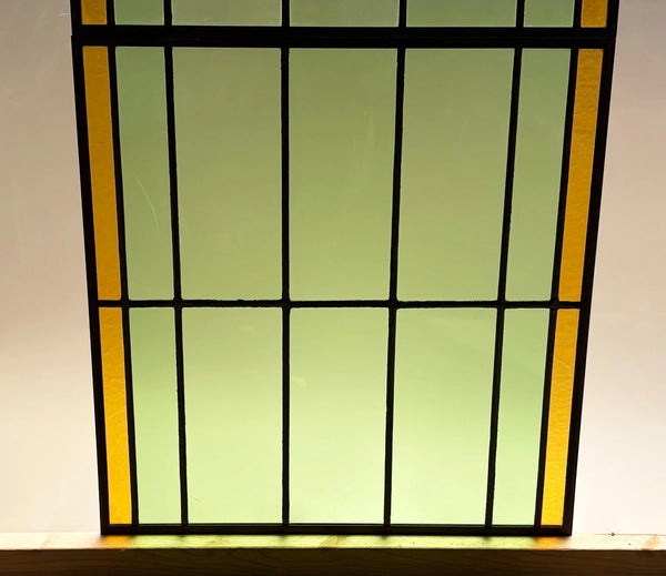 43" Tall Pair of Antique French Stained Glass Window Panels Green & Yellow Glass