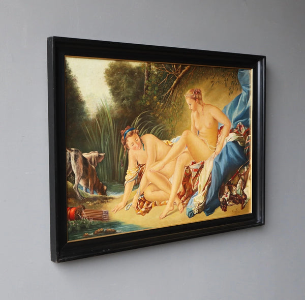50" Wide Framed Oil On Canvas Painting After Francois Boucher "Diana Bathing"