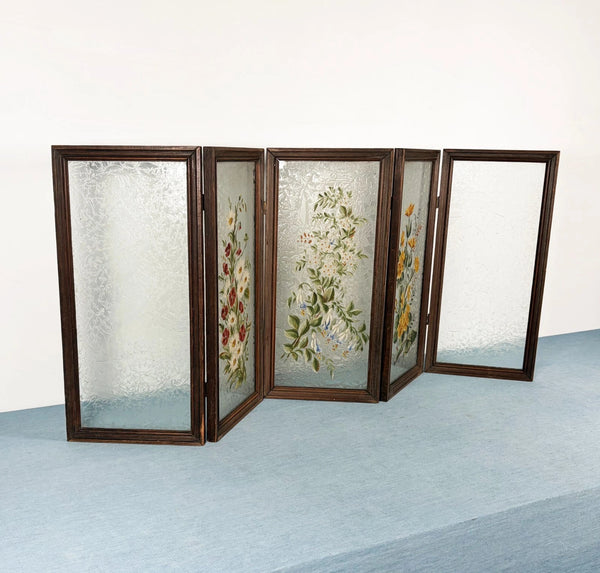 21" Tall Antique French Hand Painted Folding Glass Screen with Flowers
