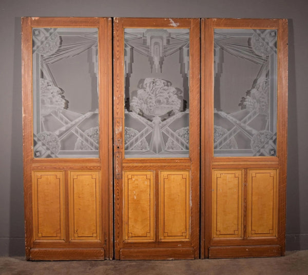 Set Antique French Art Deco Etched Glass Doors Frosted Glass with Pine Frames