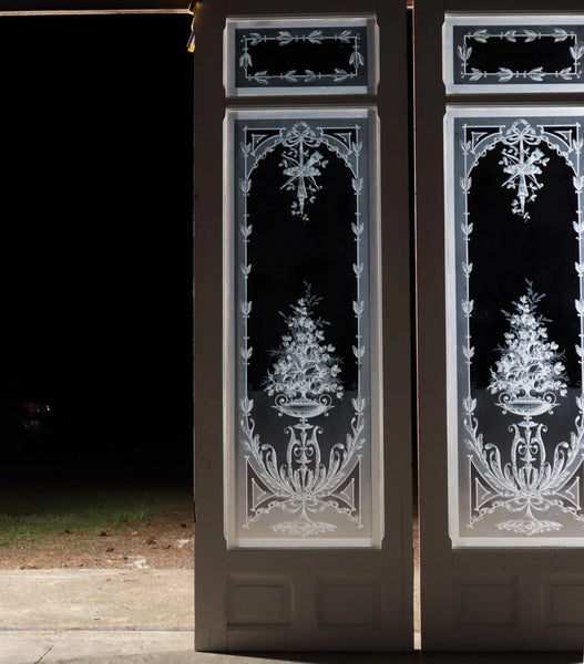 87" Tall Pair of Antique French Etched Glass Windows Frosted Glass with Flowers