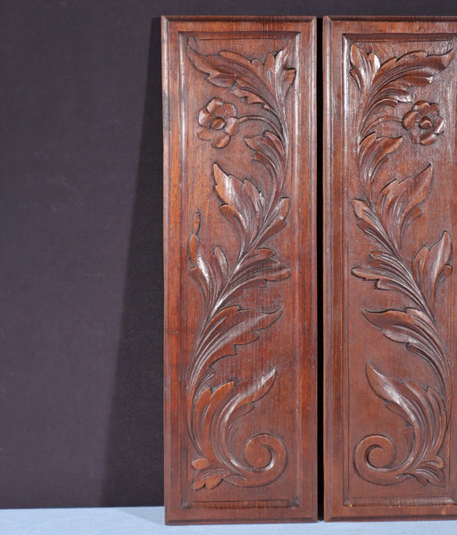 Pair of Antique French Solid Chestnut Wood Highly Carved Panels with Flowers