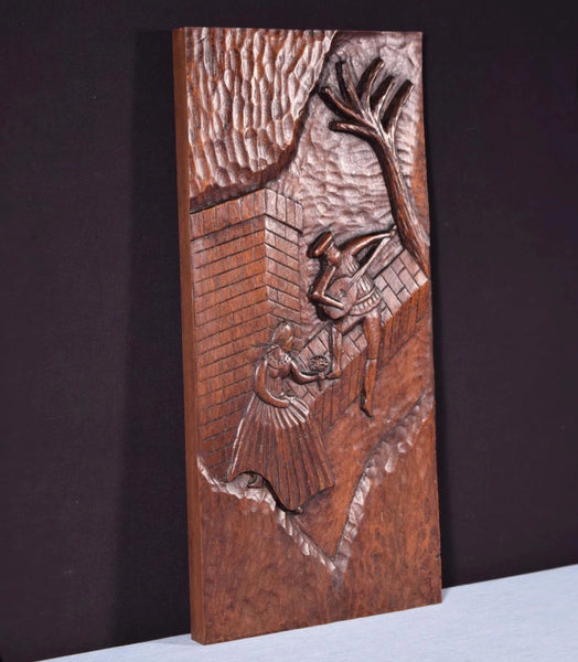 20" Tall Antique French Solid Mahogany Wood Carved Panel with Romantic Theme
